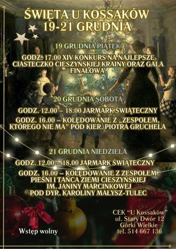 Plakat informacyjny Zapraszamy na trzy dni świątecznych wydarzeń w Centrum Edukacyjno-Kulturalnym 